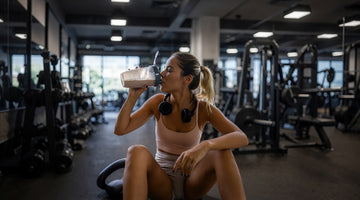Person drinking a protein shake after a workout in a gym.