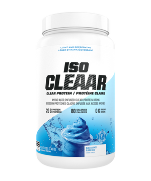 ISO Clear protein powder container on a white background