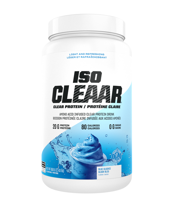 ISO Clear protein powder container on a white background
