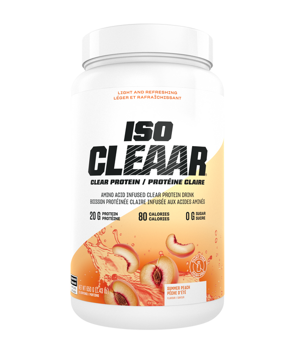 ISO Clear protein powder container with peach flavor on a white background