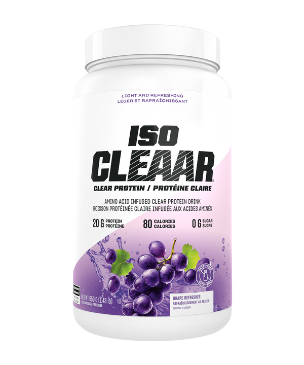 ISO Clear clear protein container with grape flavor on a white background