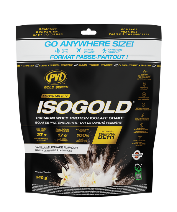 On-the-Go bag of ISO GOLD whey protein isolate shake with Vanilla Milkshake flavor