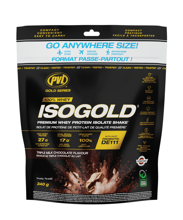 On-the-Go bag of ISO GOLD whey protein isolate shake with Triple Milk Choclate flavor
