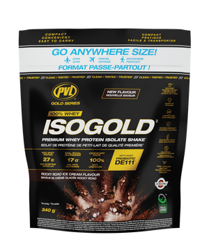 On-the-Go bag of ISO GOLD whey protein isolate shake with Rocky Road Ice Cream flavor