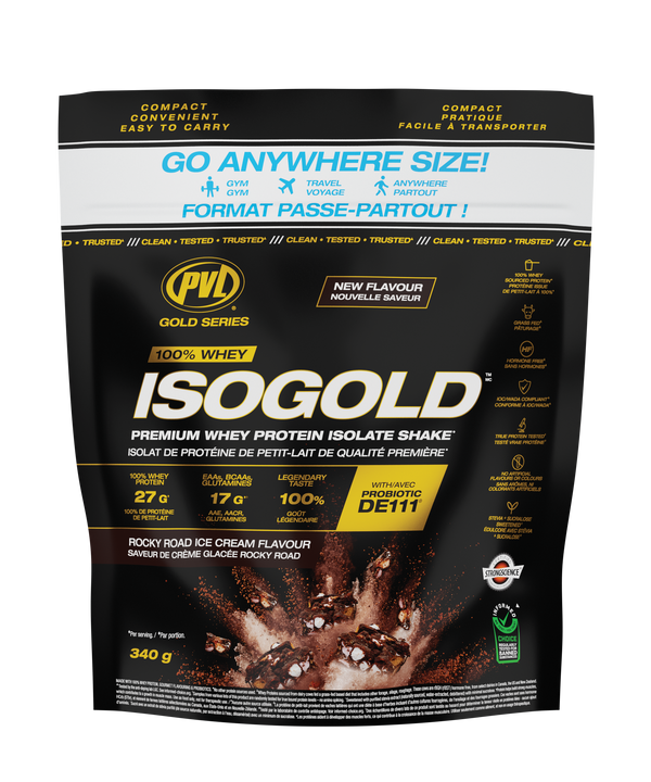 On-the-Go bag of ISO GOLD whey protein isolate shake with Rocky Road Ice Cream flavor